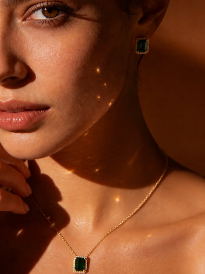 Verdena Green Halo Necklace & Earring Set, 18K Gold-Plated