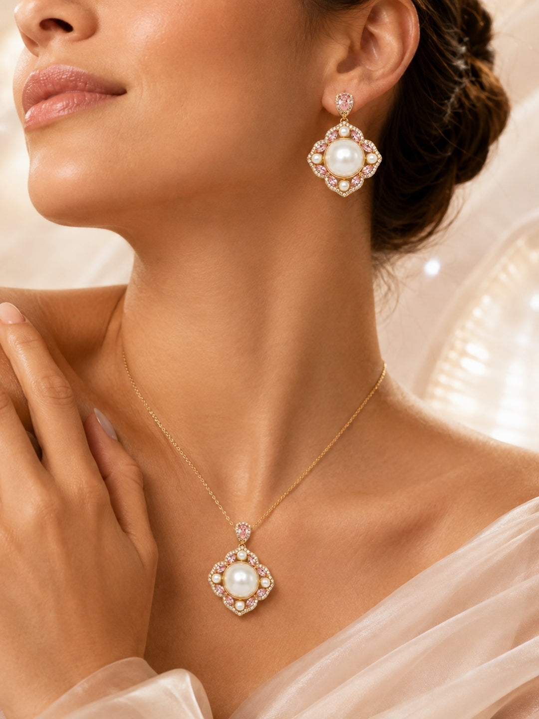 Merletto Pearl Medallion Necklace & Earring Set, 18K Gold-Plated