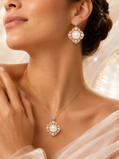 Merletto Pearl Medallion Necklace & Earring Set, 18K Gold-Plated