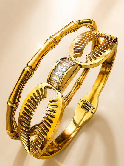 GOLD Cowrie Shell & Bamboo Bangles Set -18K Gold Plated Stainless Steel Stackable Bracelets.