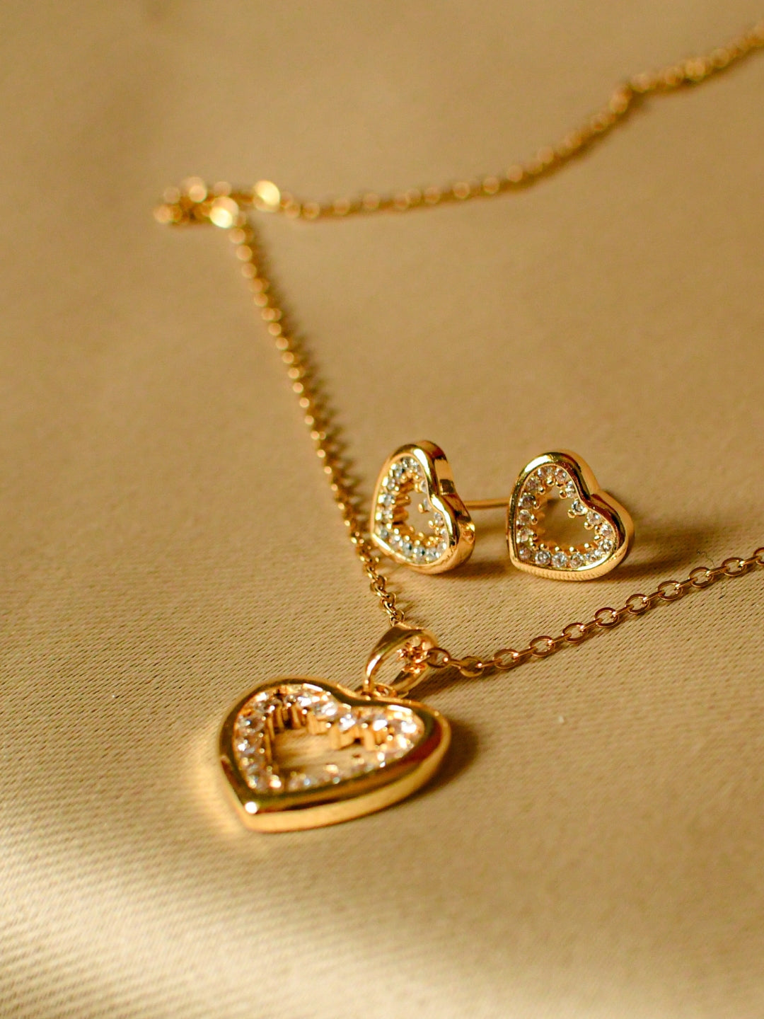 Dainty Heart Studded Jewelry Set – Gold-Plated Necklace & Earrings