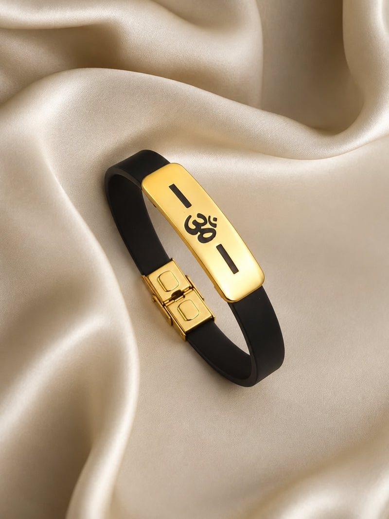 Om Engraved Men's Bracelet – Thick 18K Gold Plated Stainless Steel with Black Silicone