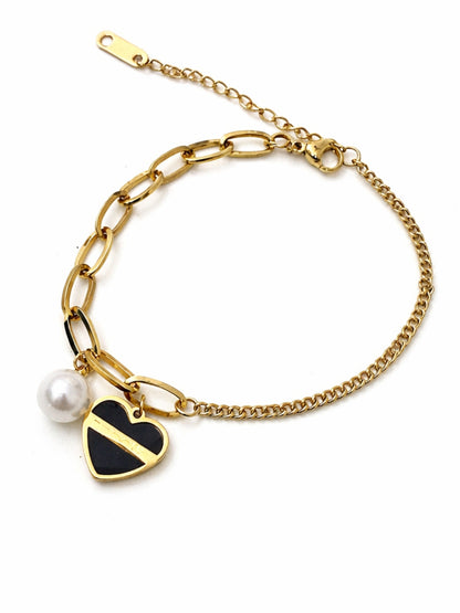 Black Heart Pearl Charm Bracelet – 18K Gold Plated Stainless Steel