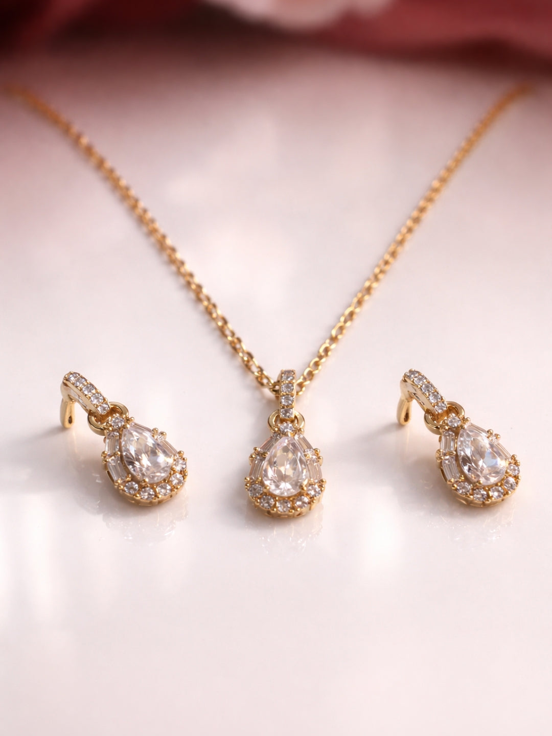18K Rose Gold Teardrop CZ Pendant & Earrings Set for Women