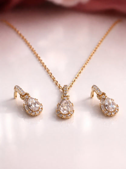 18K Rose Gold Teardrop CZ Pendant & Earrings Set for Women