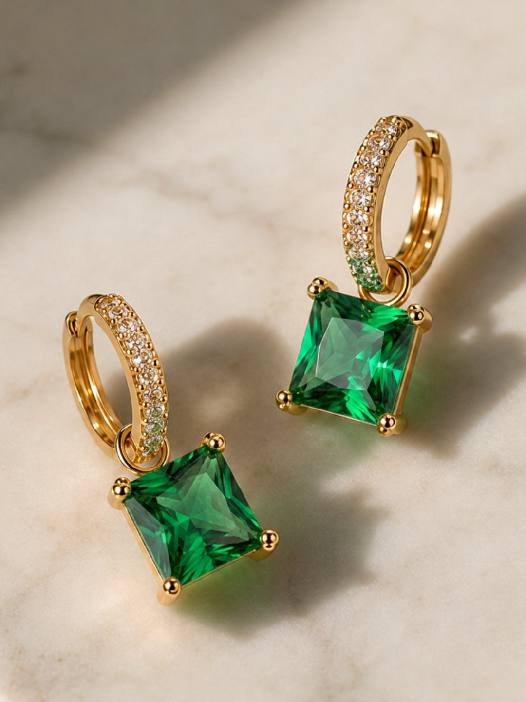 Emerald Square-Cut Pendant Necklace & Huggie Earring Set