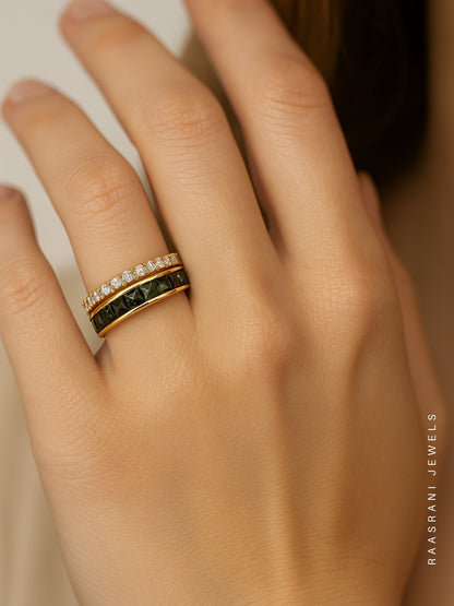 Emerald & White Dual-Line Adjustable Ring | 18K Gold Plated