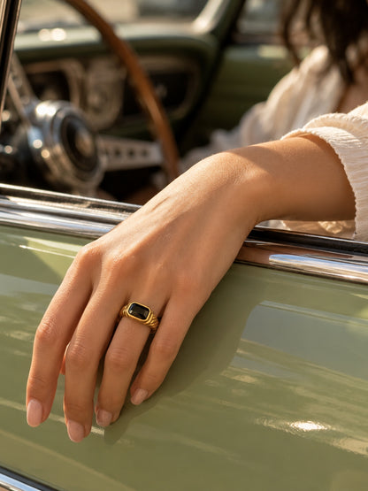 18K Gold Plated Black Onyx Signet Ring | Anti Tarnish Stainless Steel