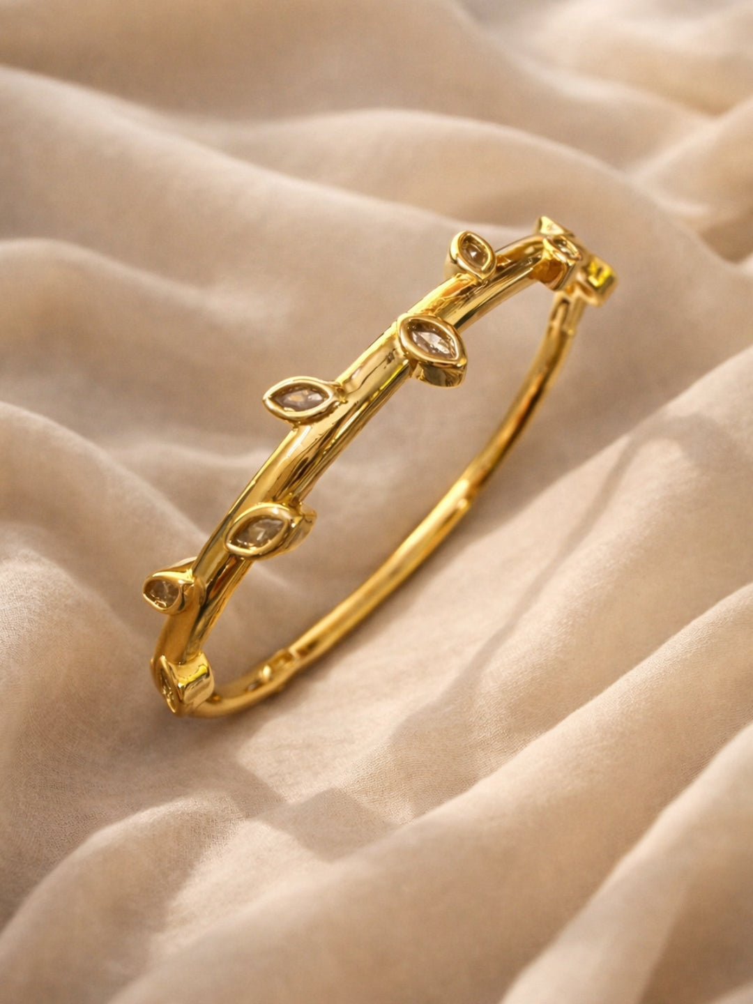 18K Gold Plated Leaf Studded Bracelet with CZ | Anti-Tarnish