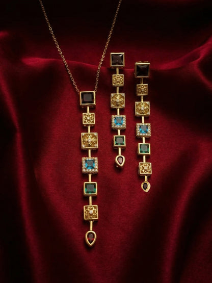 Gothic Pastel Statement Necklace & Earrings Set – 18K Gold Plated