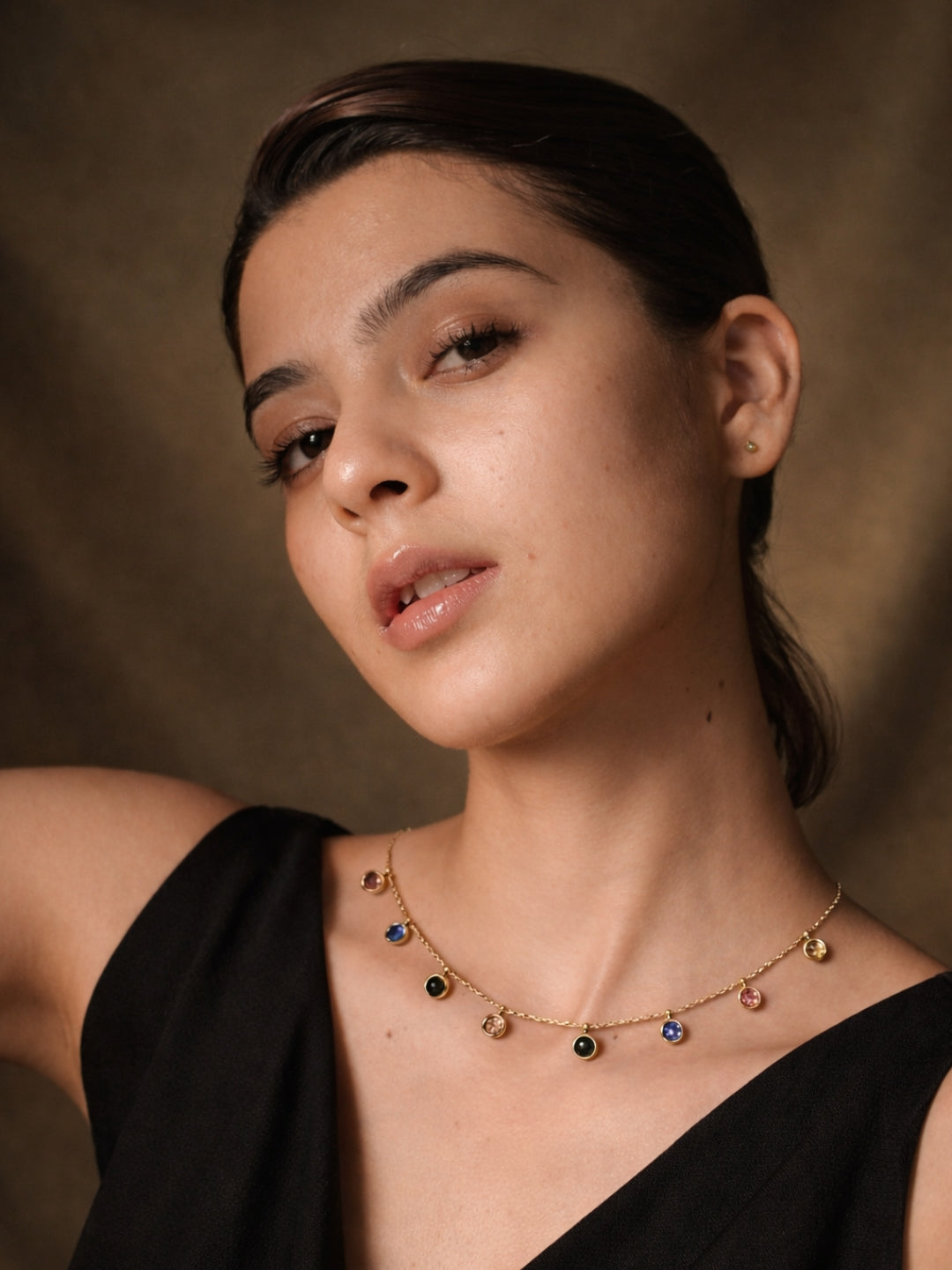 Multicolor Gold Round Stone Charm Neckpiece | Anti-Tarnish Jewelry