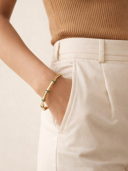 Emerald CZ Bamboo Cuff Bracelet in 18K Gold Plated Stainless Steel