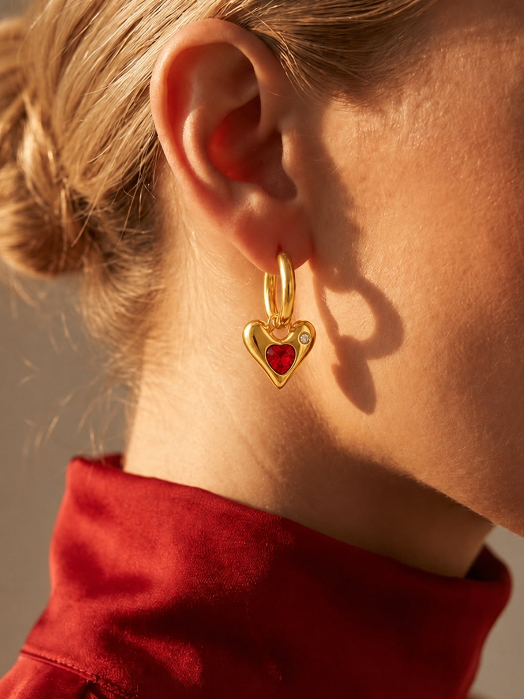Sculpted Heart Charm Hoop Earrings, 18K Rose Gold-Plated - Red