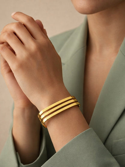 18K Gold Tri-Line Open Cuff Bracelet | Anti Tarnish Stainless Steel