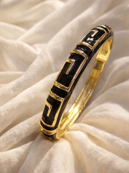Black Swastik Enamel Gold Cuff Bracelet | Anti Tarnish Stainless Steel