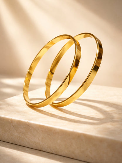 18K Gold Plated Thick Flat Bangles – Anti Tarnish Stainless Steel