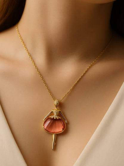 Anti-Tarnish Angel Pendant Necklace with peach Stone | 18K Gold Chain