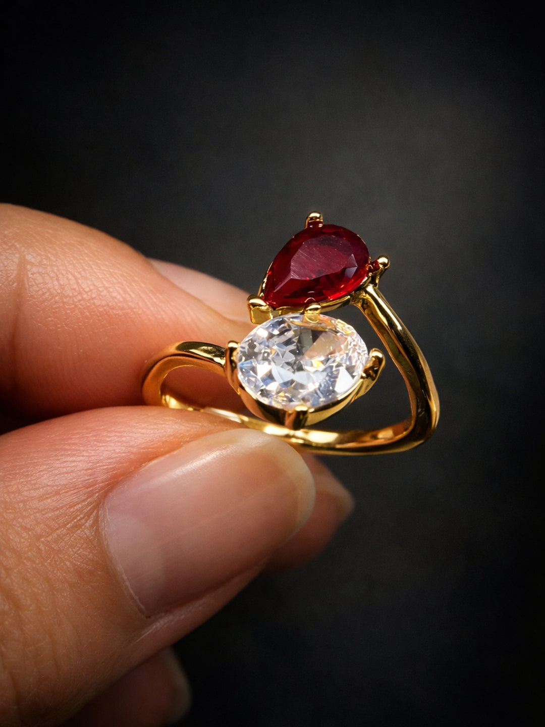 Red Ruby & White CZ Open Adjustable Gold Ring for Women