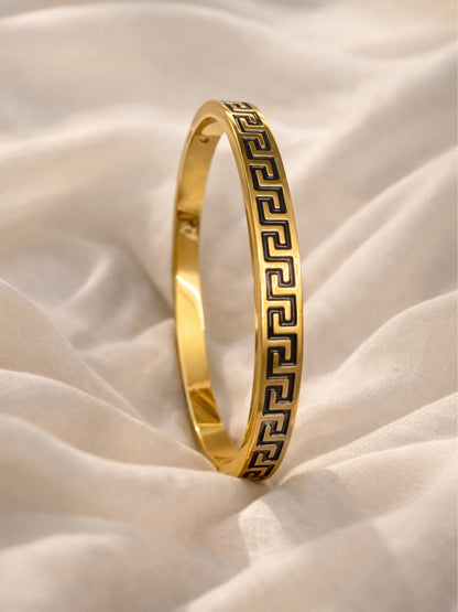 Black Engraved Swastik Gold Cuff Bracelet | Anti Tarnish Stainless Steel