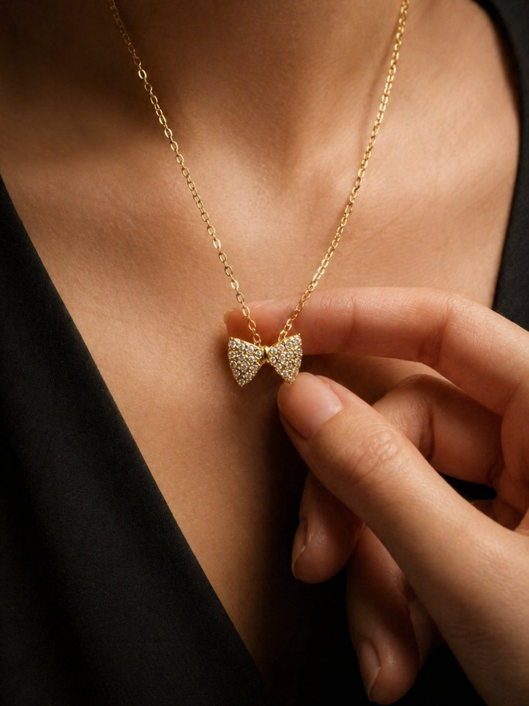 Tiny Bow CZ Pendant Necklace – 18K Gold Plated Anti-Tarnish