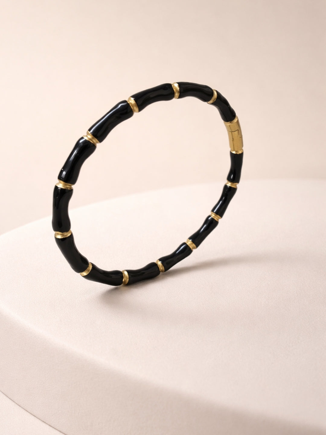 Black Enamel Bamboo Gold Bracelet – Anti Tarnish CZ Cuff