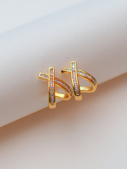 18K Gold Studded Cross Huggie Earrings – CZ Stone, Anti-Tarnish