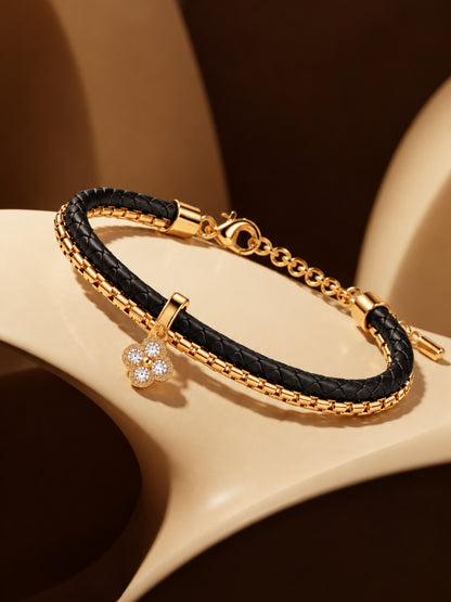 Black Braided Double line Clover Band Cuff -18KT Gold Plated