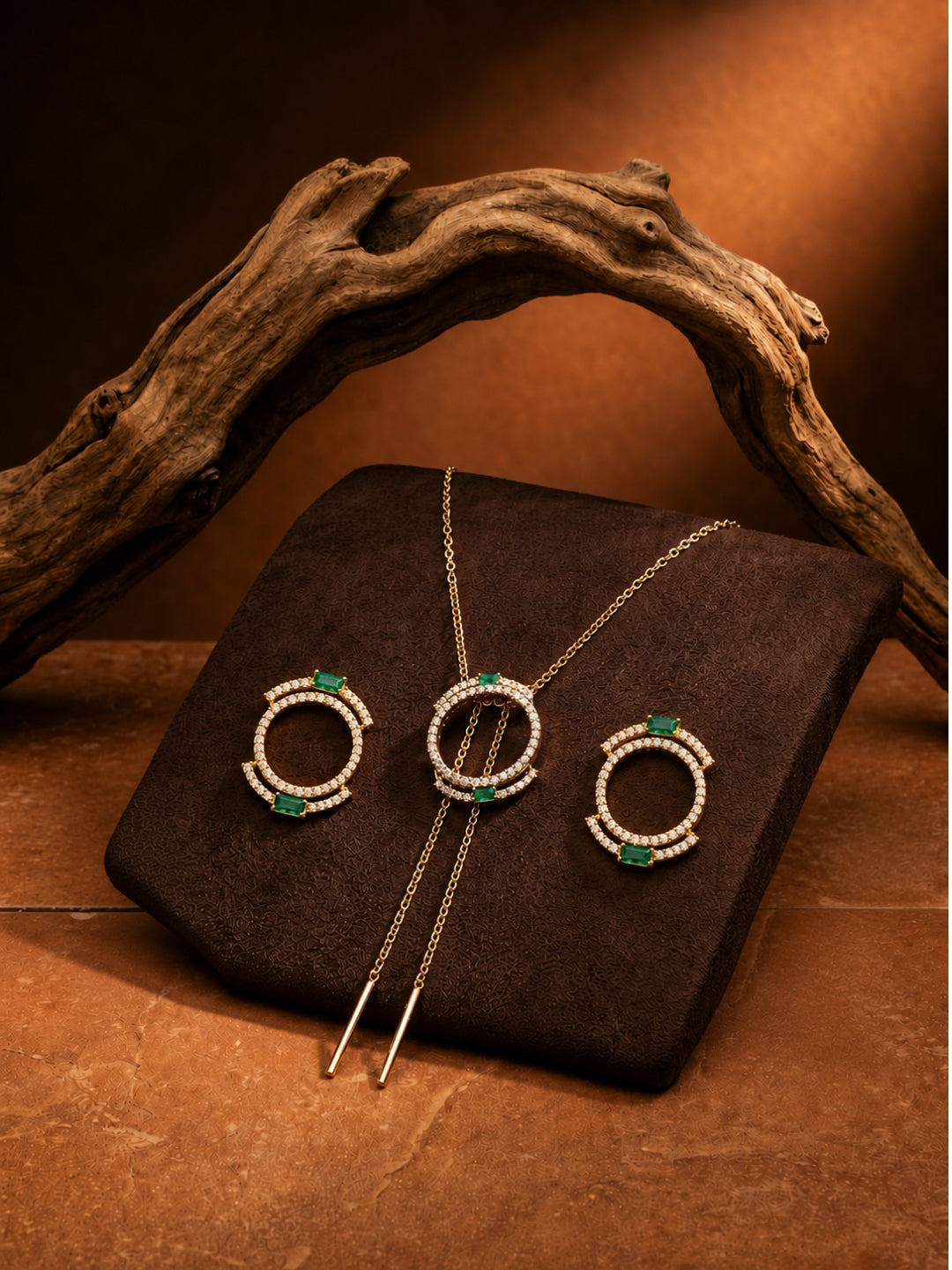 Isabeau" Double Halo Necklace & Earring Set — 18K Gold Plated with Emerald Baguette Accents