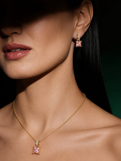 Pink Square-Cut Pendant Necklace & Huggie Earring Set, 18K Gold-Plated
