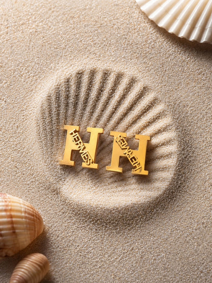 Gold H Monogram Statement Stud Earrings – Stainless Steel