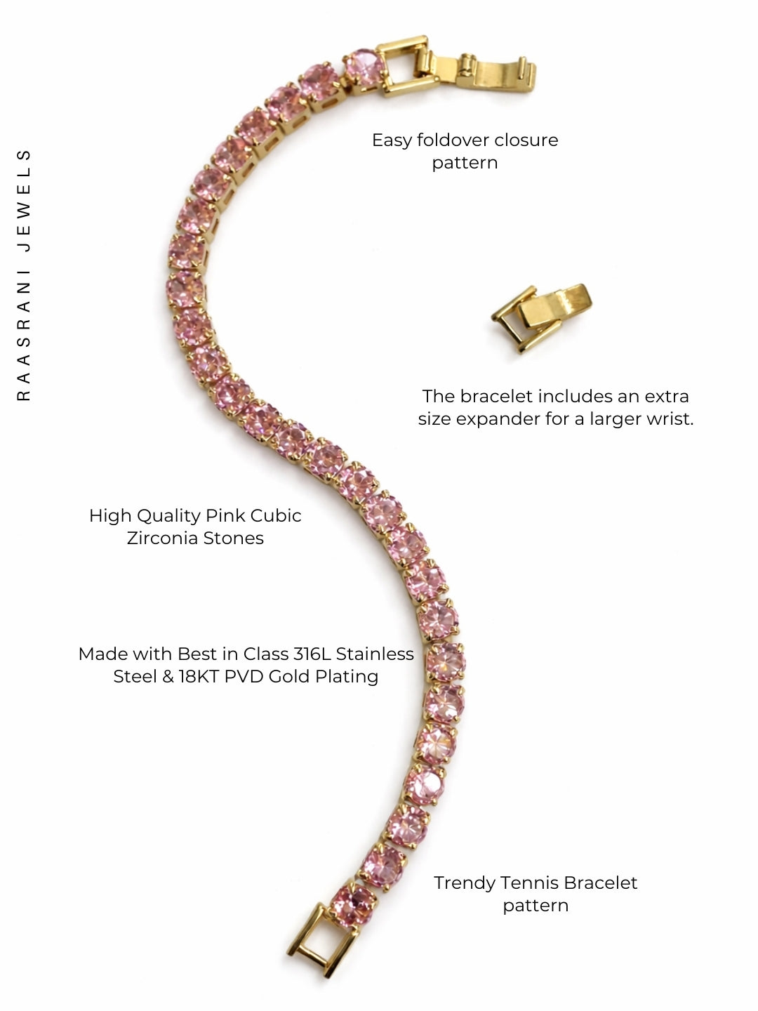 18K Gold Pink CZ Tennis Bracelet – Anti Tarnish & Waterproof