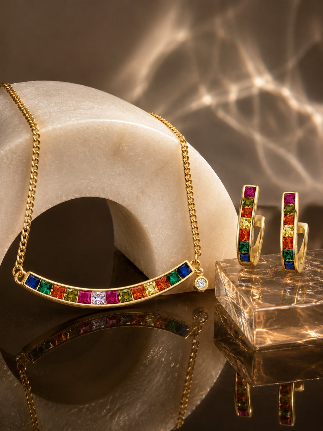 Spettro Rainbow Bar Necklace & Huggie Hoop Set, 18K Gold-Plated