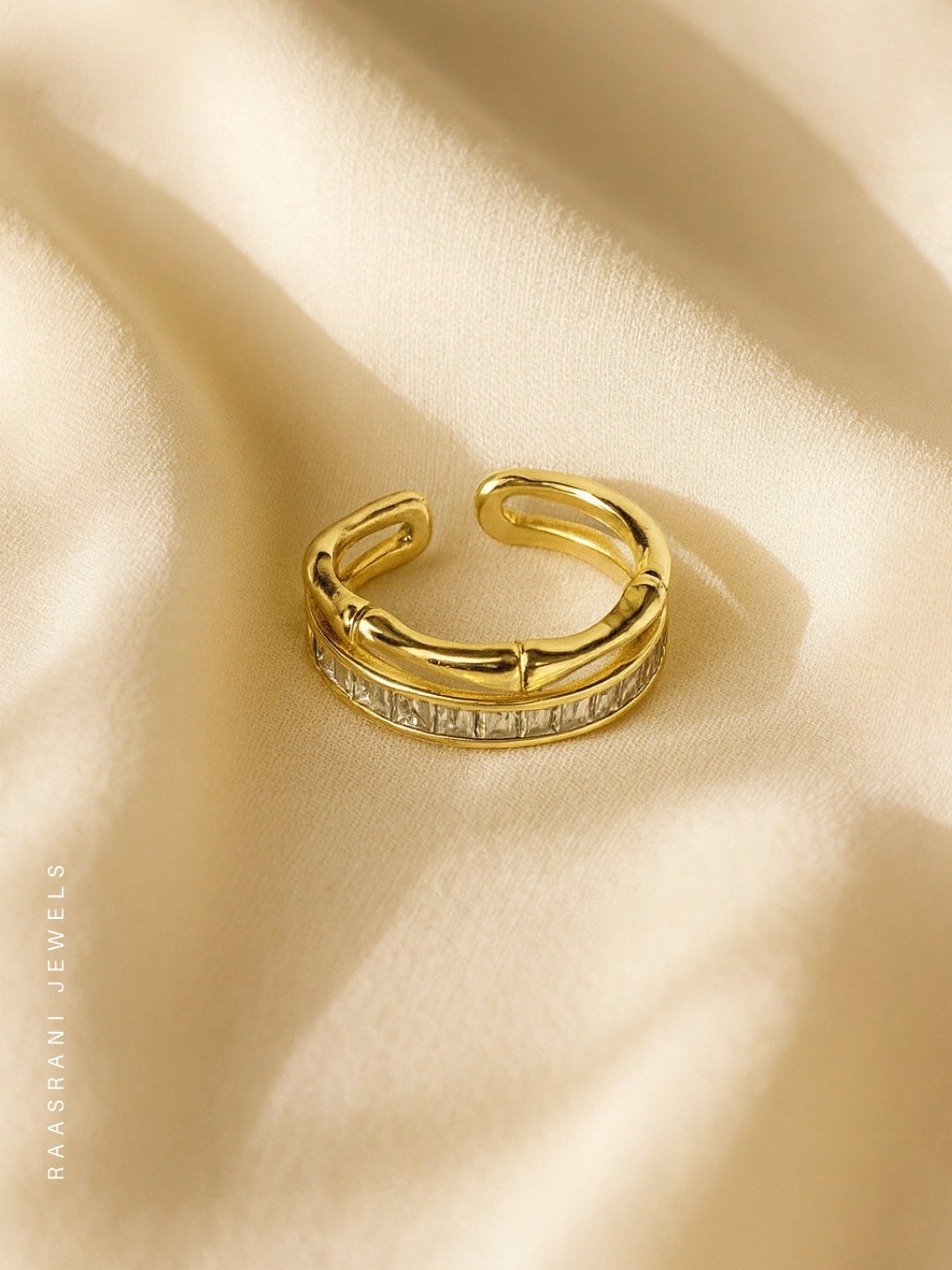 Bamboo Studded Gold Ring – Adjustable 18K Gold Plated CZ Ring