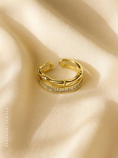 Bamboo Studded Gold Ring – Adjustable 18K Gold Plated CZ Ring
