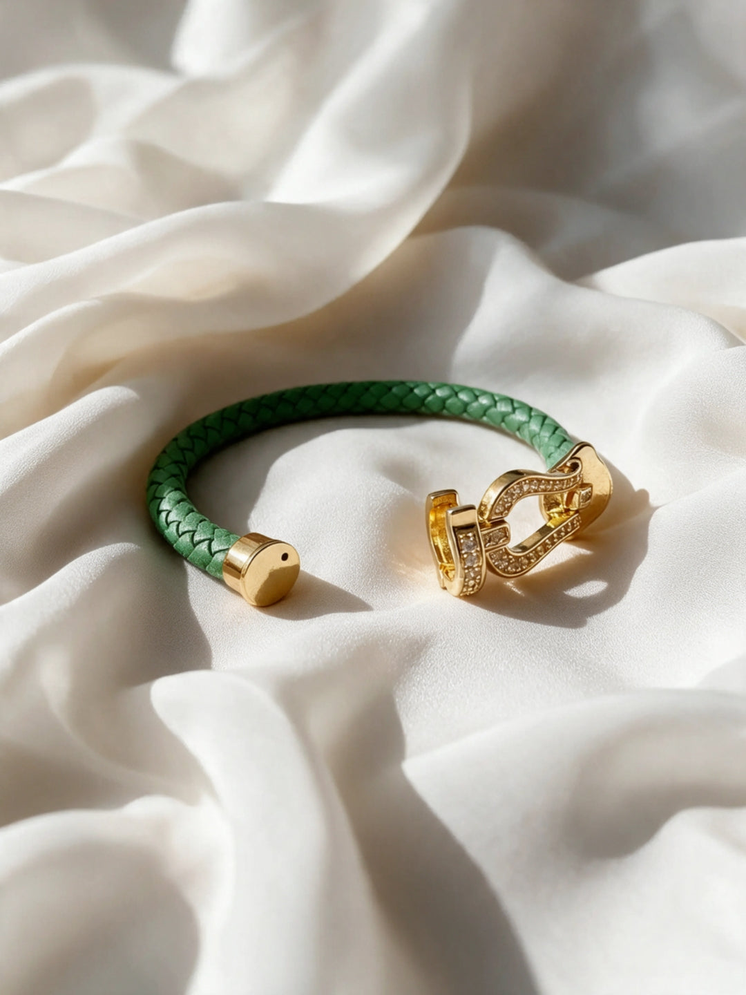 Emerald Studded Braided Leather Gold Magnetic Bracelet -18KT Gold Plated