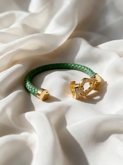 Emerald Studded Braided Leather Gold Magnetic Bracelet -18KT Gold Plated