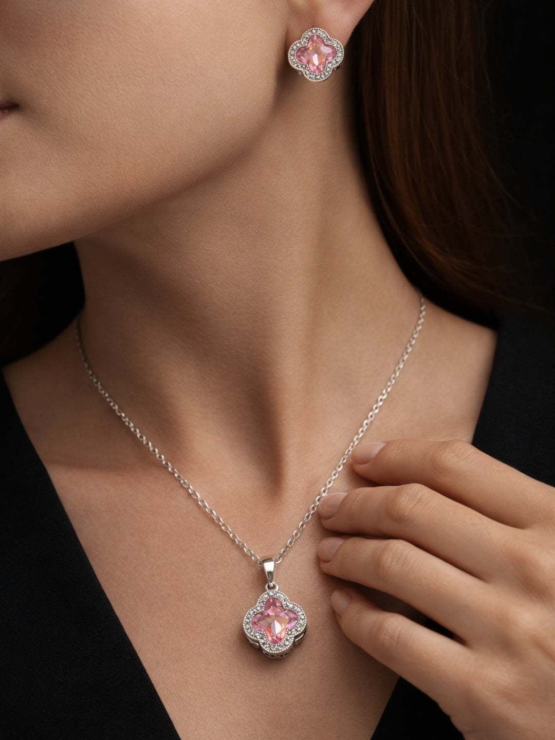 CL Pink Clover CZ Necklace & Earrings Set – Rhodium Plated Steel