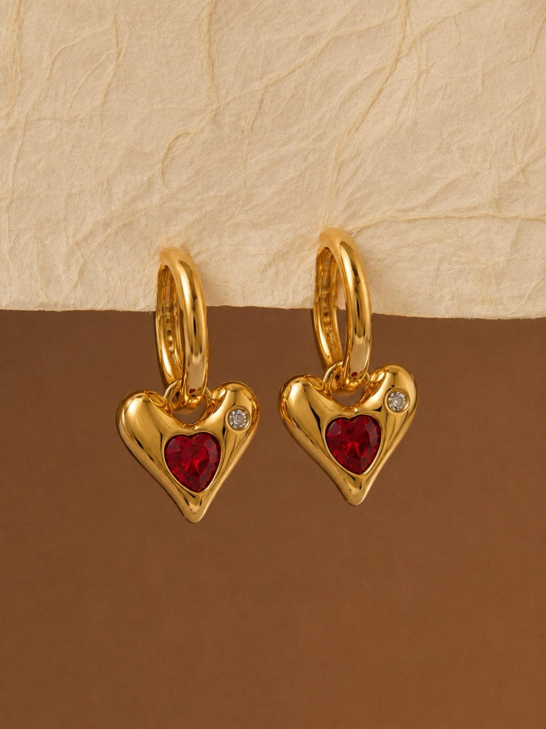Sculpted Heart Charm Hoop Earrings, 18K Rose Gold-Plated - Red