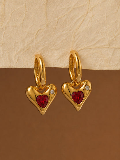 Sculpted Heart Charm Hoop Earrings, 18K Rose Gold-Plated - Red