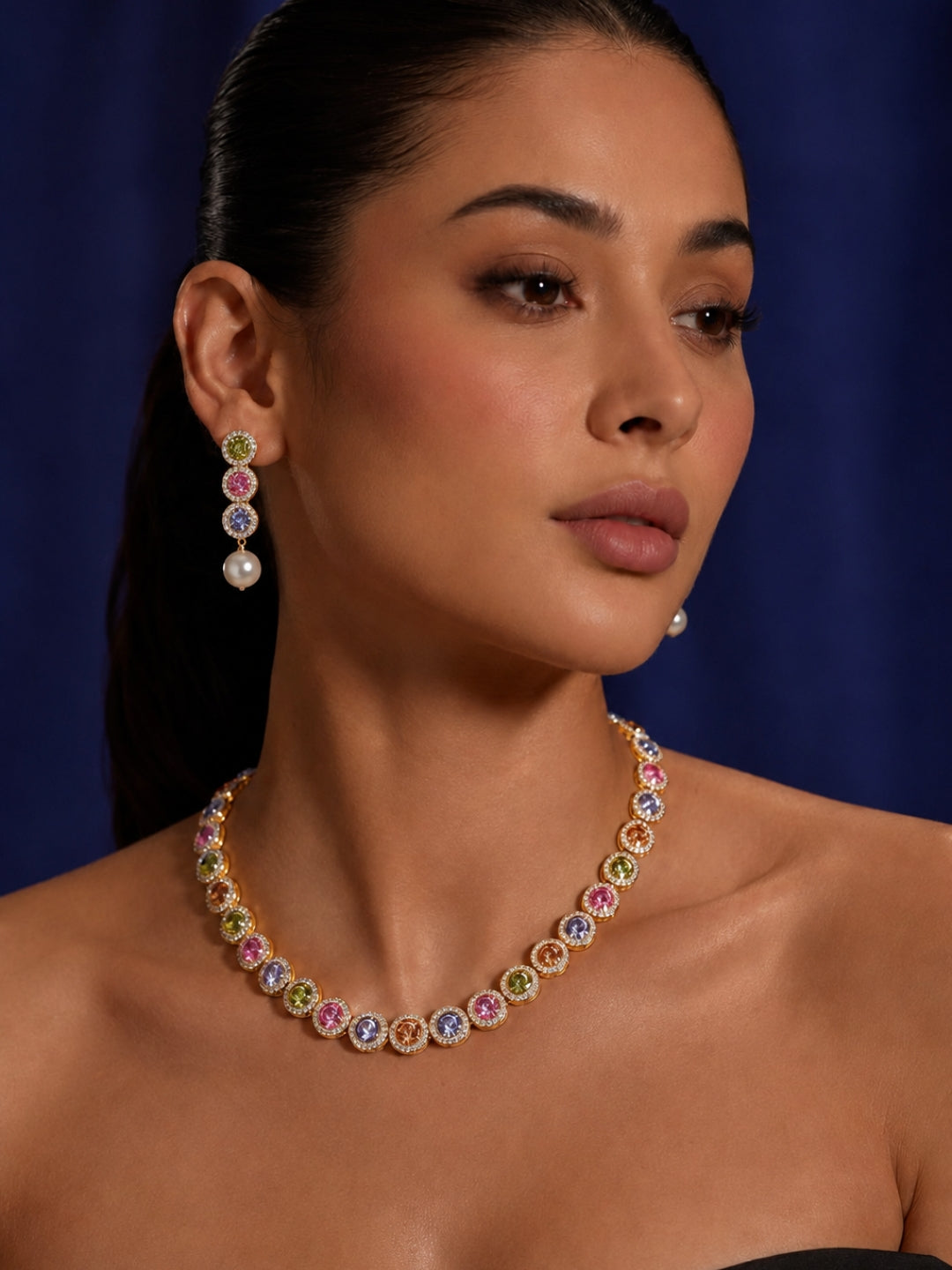 Mosaico Multicolor Halo Choker Necklace & Earring Set, 18K Gold-Plated