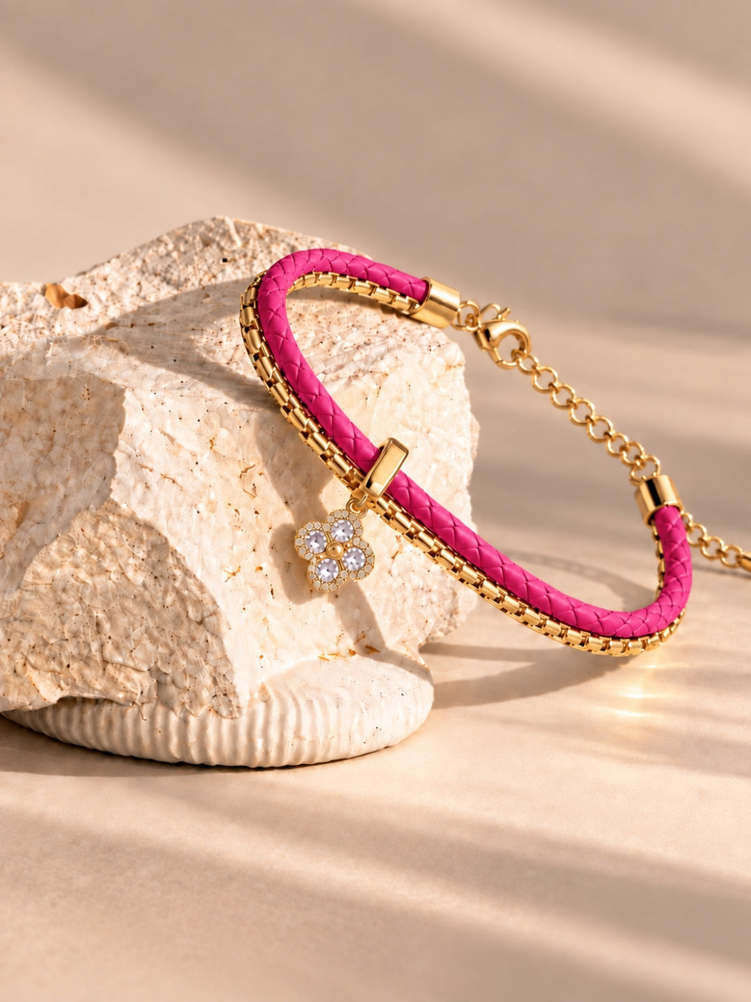 Fuchsia Pink Braided Double line Clover Band Cuff-18KT Gold Plated