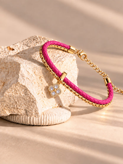 Fuchsia Pink Braided Double line Clover Band Cuff-18KT Gold Plated