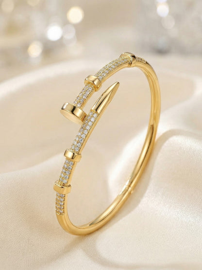 Screw Nail Cuff Bracelet – 18K Gold Plated CZ Stainless Steel