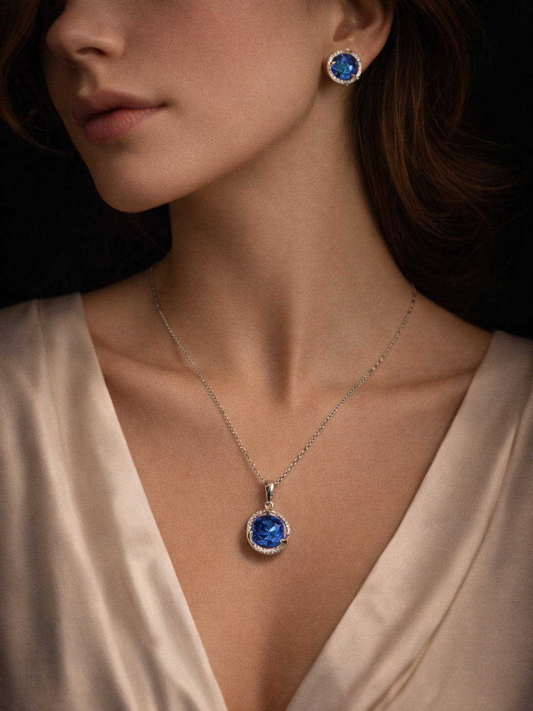CL Blue CZ Pendant Necklace & Stud Earrings Set | Anti-Tarnish Jewelry