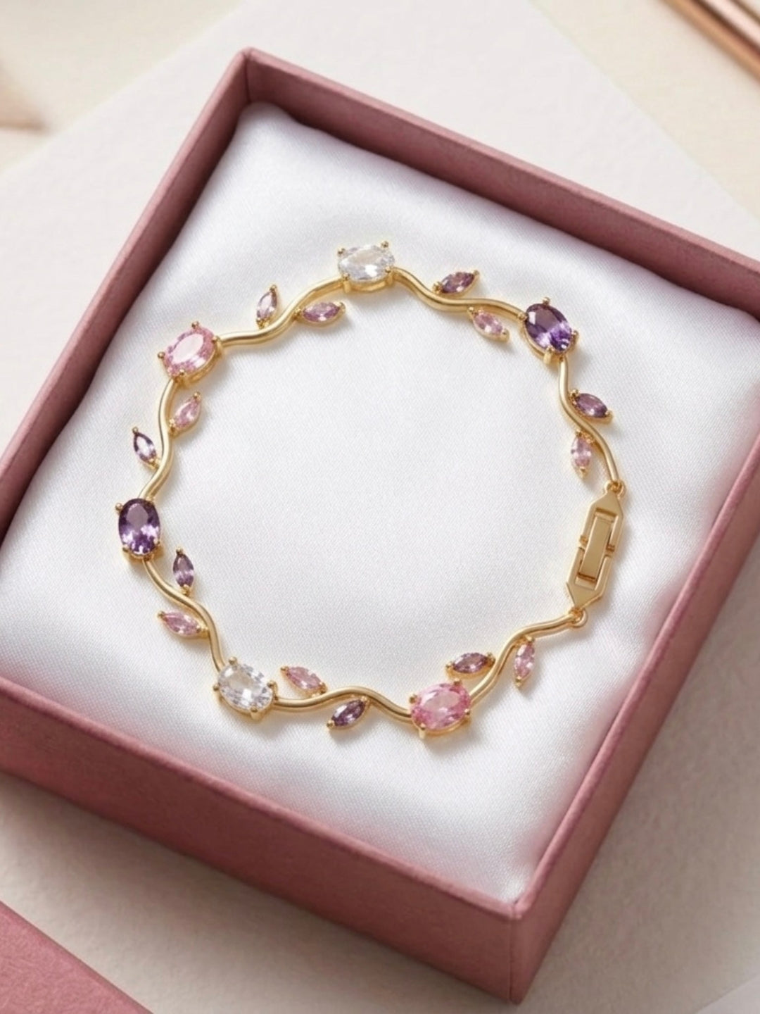 Pink & Lavender Viral Tulip CZ Gold Bracelet – Anti Tarnish Stainless Steel
