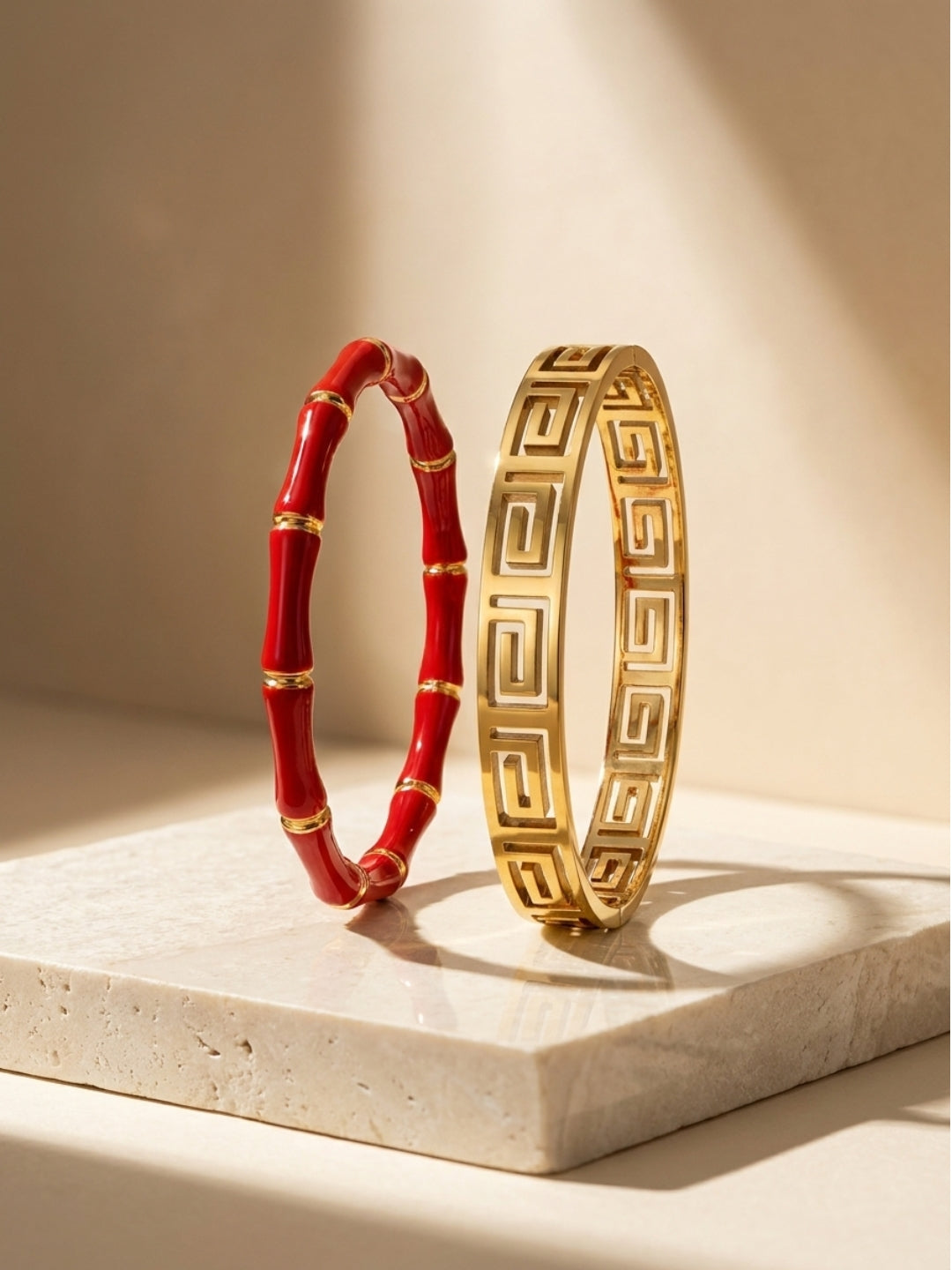 Red Bamboo & Gold Greek Key Bracelet Stack – Set of 2