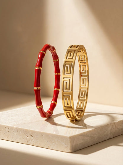 Red Bamboo & Gold Greek Key Bracelet Stack – Set of 2