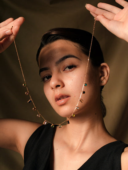 Multicolor Studded Charms Necklace – Gold, CZ Stones