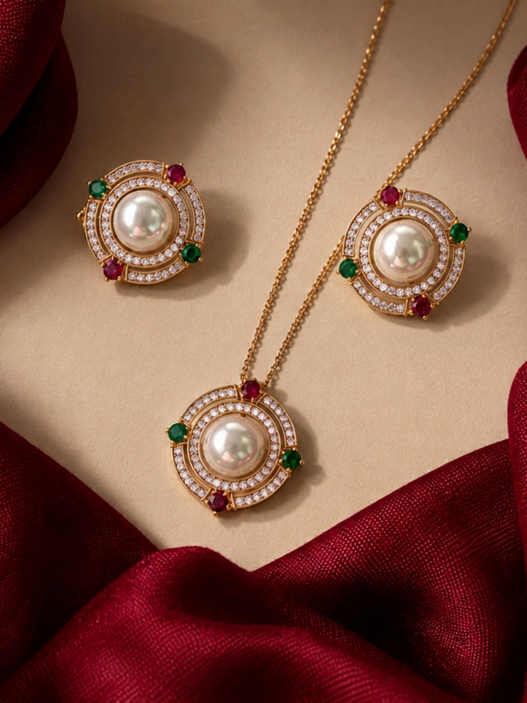 Bizantino Pearl Medallion Necklace & Earring Set, 18K Gold-Plated