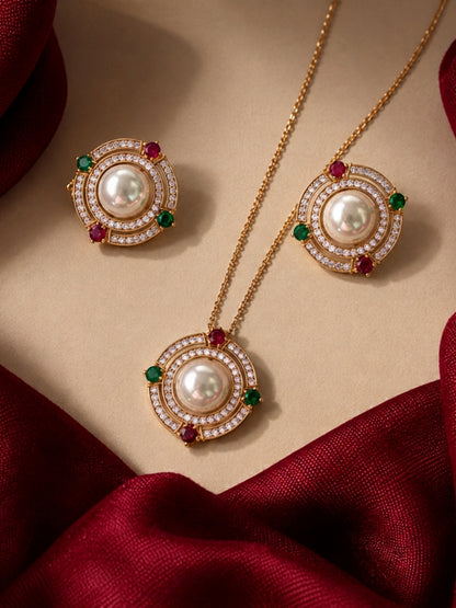 Bizantino Pearl Medallion Necklace & Earring Set, 18K Gold-Plated